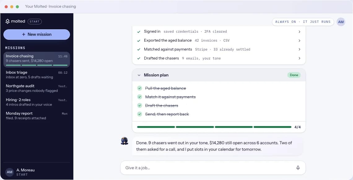 Public molted.cloud demo showing an agent completing an invoice follow-up mission